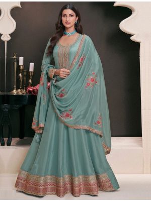 Light Teal Art Silk Semi Stitched Anarkali Suit small FABSL22227