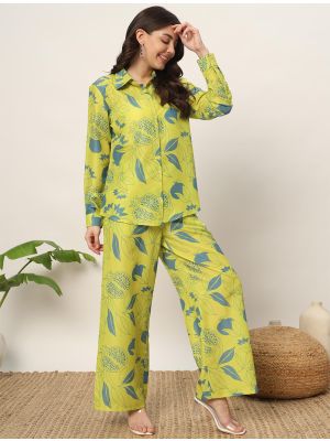 lime yellow cotton casual wear printed co ord set fabku20952