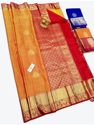 Orange Pure Kanchipuram Handloom Silk Festive Wear Designer Saree small FABSA21388