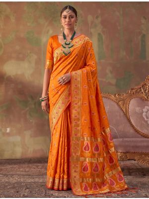 Marigold Orange Banarasi Soft Art Silk Saree With Jacquard Weaving