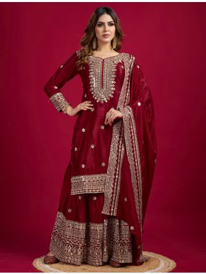 Maroon Chinon Sequined Ready To Wear Sharara Suit swatch FABSL22178