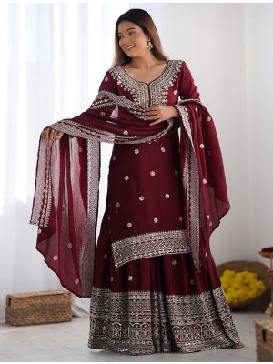 Maroon Chinon Silk Ready To Wear Sharara Suit FABSL22134