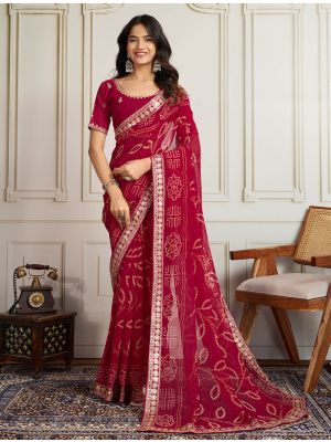 Maroon Georgette Bandhani Print Saree With Zari And Sequin