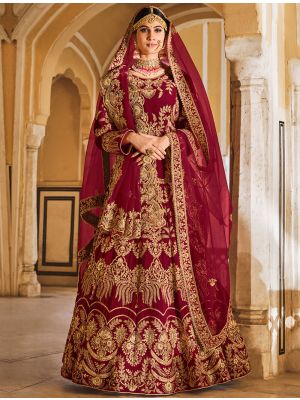 Maroon Premium Velvet Embroidered wedding Lehenga FABLE20369