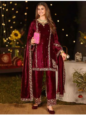 Maroon Velvet Designer Salwar Kameez With Zardosi Work FABSL22331