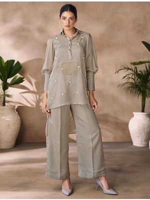 matte beige organza designer co ord set with hand work fabku21112