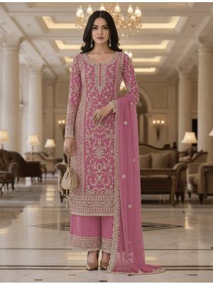 Mauve Pink Butterfly Net Semi Stitched Salwar Kameez small FABSL22521
