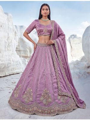 Mauve Satin Silk Wedding Lehenga with Intricate Embroidery small FABLE20586