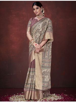 Mauve Taupe Habotai Silk Traditional Pattern Saree