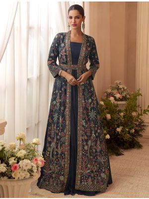 Midnight Blue Chinon Ready To Wear Anarkali Dress With Front Open Jacket small FABSL22528