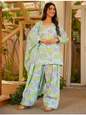 Mint Green Cambric Cotton Ready To Wear Salwar Kameez FABSL22479