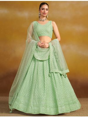 Mint Green Georgette Embroidered Lehenga Choli With Sequin small FABLE20579
