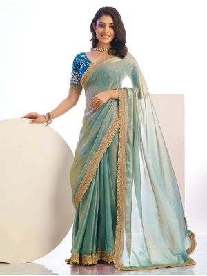 Mint Green Satin Adorned Party Wear Saree