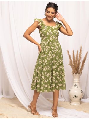 moss green georgette casual wear printed frock fabku20949