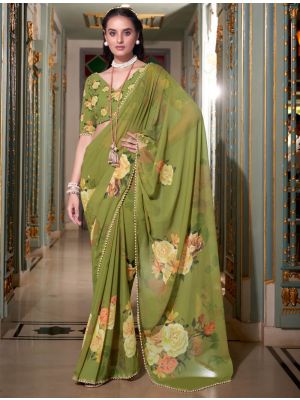 Moss Green Georgette Saree With Pearl Lace Border