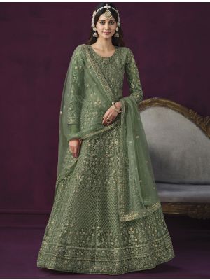 Moss Green Net Semi Stitched Sequined Anarkali Suit FABSL21676
