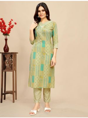 moss green printed cotton kurti with matching pant fabku21005