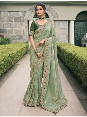 Moss Green Viscose Tissue Premium Designer Saree