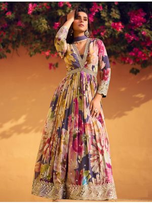 Multicolor Chinon Ready To Wear Anarkali Suit In XL FABSL22189