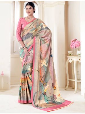 Multicolor Crepe Silk Saree With Digital Print