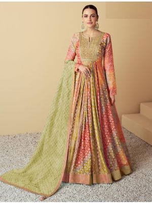 multicolor orange muslin anarkali gown with dupatta fabgo20338