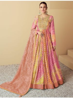 multicolor peach muslin anarkali gown with dupatta fabgo20336
