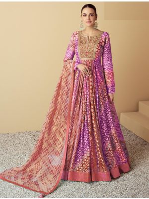 multicolor purple muslin anarkali gown with dupatta fabgo20339