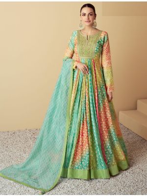multicolor turquoise muslin anarkali gown with dupatta fabgo20334