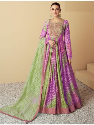 multicolor violet muslin anarkali gown with dupatta fabgo20335