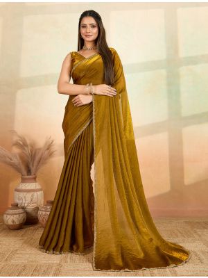 Mustard Brown Frendy Satin Saree With Bead Embroidery