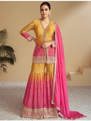 Mustard Chinon Semi Stitched Sharara Suit FABSL22037