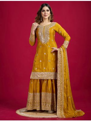Mustard Chinon Sequined Ready To Wear Sharara Suit swatch FABSL22179