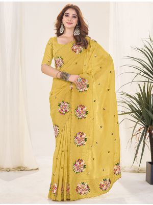 Mustard Gold Crush Embroidered Saree