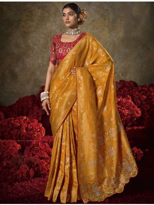 Mustard Soft Silk Embroidered Saree With Diamond Work