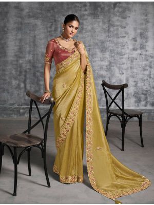 Mustard Tissue Silk Embroidered Designer Saree