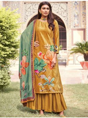 Mustard Velvet Printed Salwar Kameez With Contrast Dupatta small FABSL21701