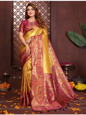 Mustard Yellow Banarasi Silk Saree With Paithani Weaving