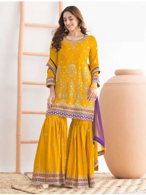 Mustard Yellow Chinon Semi Stitched Sharara Suit small FABSL22362
