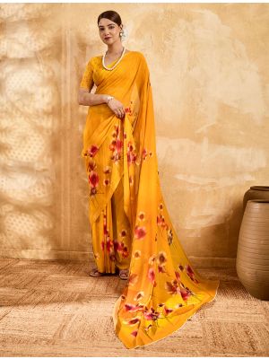 Mustard Yellow Floral Print Georgette Saree