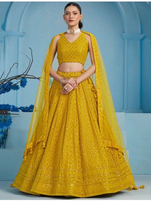 Mustard Yellow Georgette Semi Stitched Embroidered Lehenga small FABLE20457