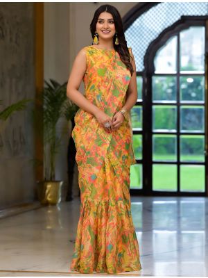 Mustard Yellow Imported Georgette Ready To Wear Gown Style Saree FABSA22364