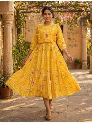 mustard yellow muslin fit and flare midi dress fabku21244
