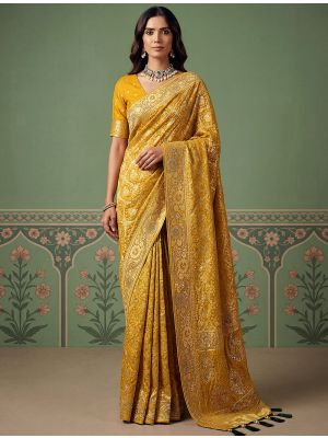 Mustard Yellow Pashmina Silk Saree With Intricate Zari Weaving