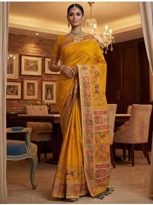 Mustard Yellow Virana Silk Saree Adorned With Traditional Motifs