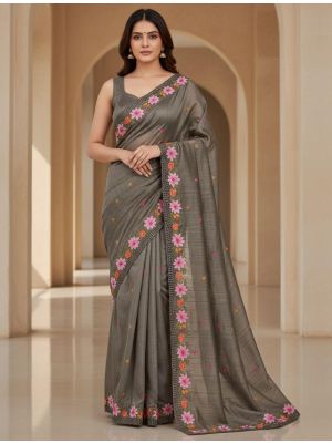 Muted Grey Manipuri Silk Embroidered Saree With Cutwork