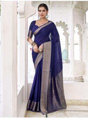 Navy Blue Chinon Saree With Woven Zari Work