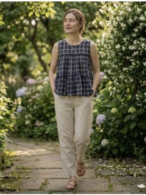 navy blue linen cotton top with straight cut trousers fabku21252