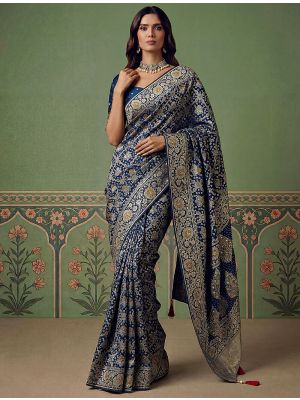 Navy Blue Pashmina Silk Saree With Intricate Zari Weaving