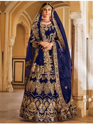 Navy Blue Premium Velvet Embroidered wedding Lehenga small FABLE20370