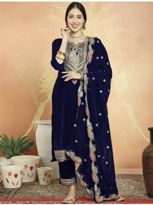 Navy Blue Premium Velvet Salwar Suit With Traditional Cording small FABSL21719